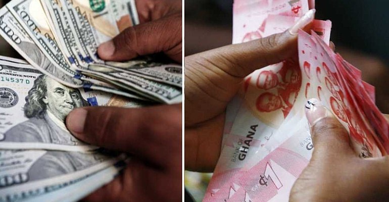 An image of a person holding and counting dollars on the left, and someone holding and counting cedis on the right